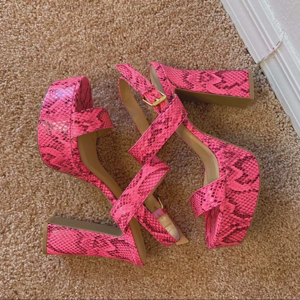 Pink & Black Snake Print Platform Chunky Heels